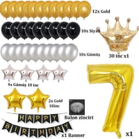 Büyük Boy Kral Taçlı Gold-Gümüş-Siyah 7 Yaş Doğum Günü Seti