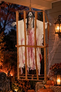 Cadılar Bayramı Askılı Kafesli Korku Figürü Beyaz – Sesli Hareketli Işıklı Halloween Dekoru 90 cm