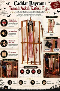 Cadılar Bayramı Askılı Kafesli Korku Figürü Beyaz – Sesli Hareketli Işıklı Halloween Dekoru 90 cm