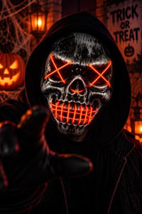 Cadılar Bayramı Neon Işıklı Kuru Kafa Maske – Turuncu Işıklı Halloween Kostüm Maskesi