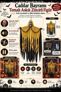 Cadılar Bayramı Sarı Askılı Zincirli Korku Figürü – Sesli Hareketli Işıklı Halloween Süsü 100 cm