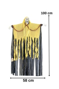 Cadılar Bayramı Sarı Askılı Zincirli Korku Figürü – Sesli Hareketli Işıklı Halloween Süsü 100 cm