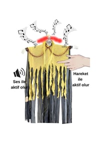 Cadılar Bayramı Sarı Askılı Zincirli Korku Figürü – Sesli Hareketli Işıklı Halloween Süsü 100 cm
