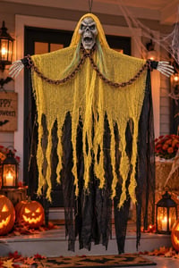 Cadılar Bayramı Sarı Askılı Zincirli Korku Figürü – Sesli Hareketli Işıklı Halloween Süsü 100 cm