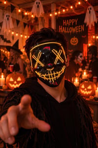 Cadılar Bayramı Sarı Neon Işıklı Korku Maskesi – Pilli Halloween Parti ve Kostüm Maskesi