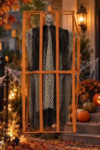 Cadılar Bayramı Siyah Askılı Kafesli Korku Figürü – Sesli Hareketli Işıklı Halloween Dekoru 90 cm