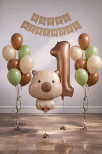 Capybara Temalı 1 Yaş Doğum Günü Balon Süsleme Seti – Karamel Doğal Ton Parti Seti