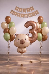 Capybara Temalı 3 Yaş Doğum Günü Balon Süsleme Seti – Karamel Doğal Ton Parti Seti