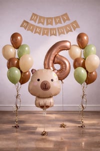 Capybara Temalı 6 Yaş Doğum Günü Balon Süsleme Seti – Karamel Doğal Ton Parti Seti