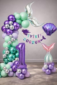 Deniz Kızı Temalı 1 Yaş Doğum Günü Balon Süsleme Seti – Mor Lila Parti Dekorasyon Seti