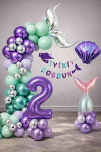 Deniz Kızı Temalı 2 Yaş Doğum Günü Balon Süsleme Seti – Mor Lila Parti Dekorasyon Seti