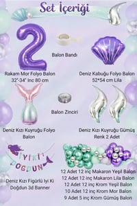 Deniz Kızı Temalı 2 Yaş Doğum Günü Balon Süsleme Seti – Mor Lila Parti Dekorasyon Seti