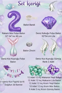 Deniz Kızı Temalı 2 Yaş Doğum Günü Balon Süsleme Seti – Mor Lila Parti Dekorasyon Seti