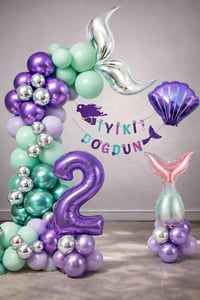 Deniz Kızı Temalı 2 Yaş Doğum Günü Balon Süsleme Seti – Mor Lila Parti Dekorasyon Seti