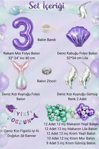 Deniz Kızı Temalı 3 Yaş Doğum Günü Balon Süsleme Seti – Mor Lila Parti Dekorasyon Seti