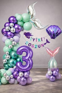Deniz Kızı Temalı 3 Yaş Doğum Günü Balon Süsleme Seti – Mor Lila Parti Dekorasyon Seti