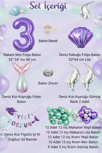 Deniz Kızı Temalı 3 Yaş Doğum Günü Balon Süsleme Seti – Mor Lila Parti Dekorasyon Seti
