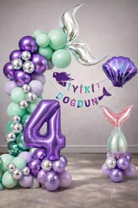 Deniz Kızı Temalı 4 Yaş Doğum Günü Balon Süsleme Seti – Mor Lila Parti Dekorasyon Seti