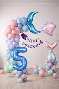 Deniz Kızı Temalı 5 Yaş Doğum Günü Balon Süsleme Seti – Pastel Renkli Parti Dekorasyon Seti