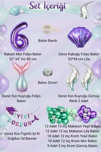 Deniz Kızı Temalı 6 Yaş Doğum Günü Balon Süsleme Seti – Mor Lila Parti Dekorasyon Seti