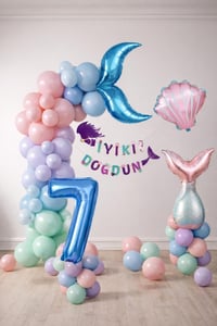 Deniz Kızı Temalı 7 Yaş Doğum Günü Balon Süsleme Seti – Pastel Renkli Parti Dekorasyon Seti
