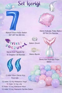 Deniz Kızı Temalı 7 Yaş Doğum Günü Balon Süsleme Seti – Pastel Renkli Parti Dekorasyon Seti