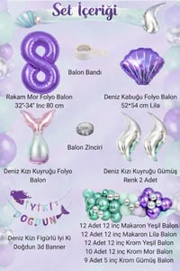 Deniz Kızı Temalı 8 Yaş Doğum Günü Balon Süsleme Seti – Mor Lila Parti Dekorasyon Seti