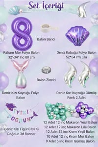 Deniz Kızı Temalı 8 Yaş Doğum Günü Balon Süsleme Seti – Mor Lila Parti Dekorasyon Seti