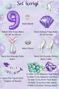 Deniz Kızı Temalı 9 Yaş Doğum Günü Balon Süsleme Seti – Mor Lila Parti Dekorasyon Seti