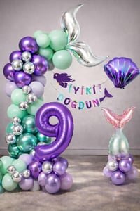 Deniz Kızı Temalı 9 Yaş Doğum Günü Balon Süsleme Seti – Mor Lila Parti Dekorasyon Seti