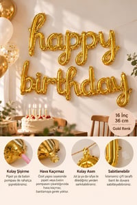 El Yazılı 16 İnç Happy Birthday Gold Balon Set 