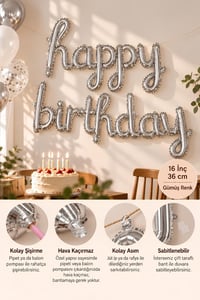 El Yazılı 16 İnç Happy Birthday Gümüş Balon Set 