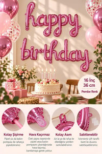 El Yazılı 16 İnç Happy Birthday Pembe Balon Set 