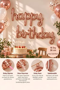 El Yazılı 16 İnç Happy Birthday Rose Gold Balon Set 