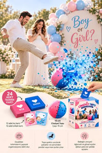Erkek Cinsiyet Belirleme Topu ve 24'lü Tahmin Kartı Seti – Mavi Pul Çıkan Gender Reveal Parti Seti