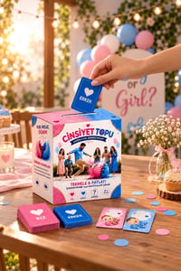 Erkek Cinsiyet Belirleme Topu ve 24'lü Tahmin Kartı Seti – Mavi Pul Çıkan Gender Reveal Parti Seti