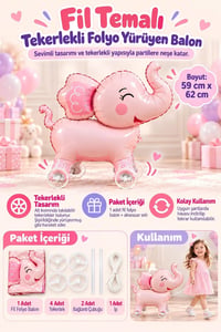 Fil Temalı Tekerlekli Folyo Yürüyen Balon – Pembe Sevimli Fil Balon 59x62 cm