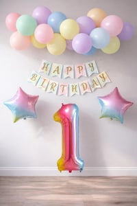 Gökkuşağı Konsepti 1 Yaş Doğum Günü Parti Kutlama Seti; Rakam ve Yıldız Folyo, Banner ve Makaron Balon
