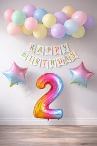 Gökkuşağı Konsepti 2 Yaş Doğum Günü Parti Kutlama Seti; Rakam ve Yıldız Folyo, Banner ve Makaron Balon