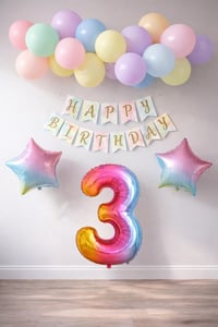 Gökkuşağı Konsepti 3 Yaş Doğum Günü Parti Kutlama Seti; Rakam ve Yıldız Folyo, Banner ve Makaron Balon