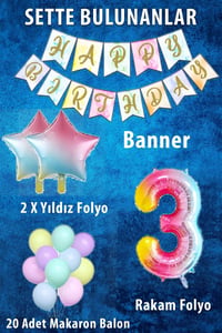 Gökkuşağı Konsepti 3 Yaş Doğum Günü Parti Kutlama Seti; Rakam ve Yıldız Folyo, Banner ve Makaron Balon