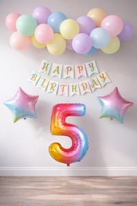 Gökkuşağı Konsepti 5 Yaş Doğum Günü Parti Kutlama Seti; Rakam ve Yıldız Folyo, Banner ve Makaron Balon