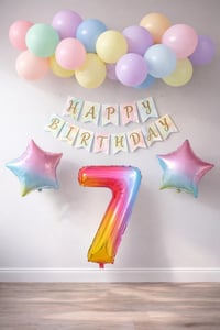 Gökkuşağı Konsepti 7 Yaş Doğum Günü Parti Kutlama Seti; Rakam ve Yıldız Folyo, Banner ve Makaron Balon