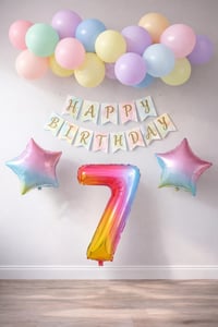 Gökkuşağı Konsepti 7 Yaş Doğum Günü Parti Kutlama Seti; Rakam ve Yıldız Folyo, Banner ve Makaron Balon