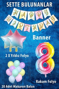 Gökkuşağı Konsepti 8 Yaş Doğum Günü Parti Kutlama Seti; Rakam ve Yıldız Folyo, Banner ve Makaron Balon