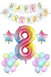 Gökkuşağı Konsepti 8 Yaş Doğum Günü Parti Kutlama Seti; Rakam ve Yıldız Folyo, Banner ve Makaron Balon