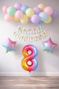 Gökkuşağı Konsepti 8 Yaş Doğum Günü Parti Kutlama Seti; Rakam ve Yıldız Folyo, Banner ve Makaron Balon