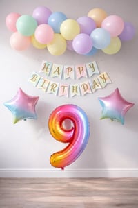 Gökkuşağı Konsepti 9 Yaş Doğum Günü Parti Kutlama Seti; Rakam ve Yıldız Folyo, Banner ve Makaron Balon