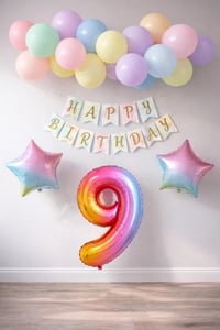 Gökkuşağı Konsepti 9 Yaş Doğum Günü Parti Kutlama Seti; Rakam ve Yıldız Folyo, Banner ve Makaron Balon