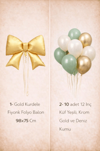Gold Fiyonk Folyo Balon Seti – Küf Yeşili & Gold Lateks Balonlu